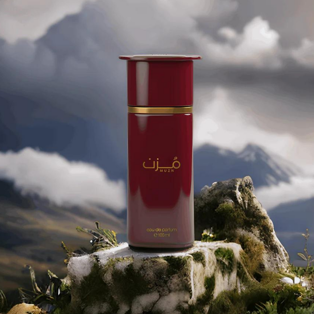 A bottle of MUZN BY AHMED AL MAGHRIBI EAU DE PARFUM 100ML FOR MEN & WOMEN with gold accents and Arabic writing sits on mossy rocks, with blurred mountains and clouds behind—an inviting scene for this exquisite unisex fragrance.