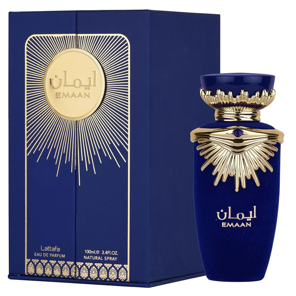 Lattafa Emaan Eau De Parfum 100ML bottle for men and women, featuring elegant packaging and a sleek perfume design.