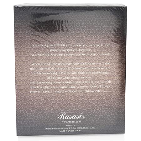 Rasasi Knowledge Pour Homme EDP 100ml men's fragrance bottle with a sleek design and clear label.