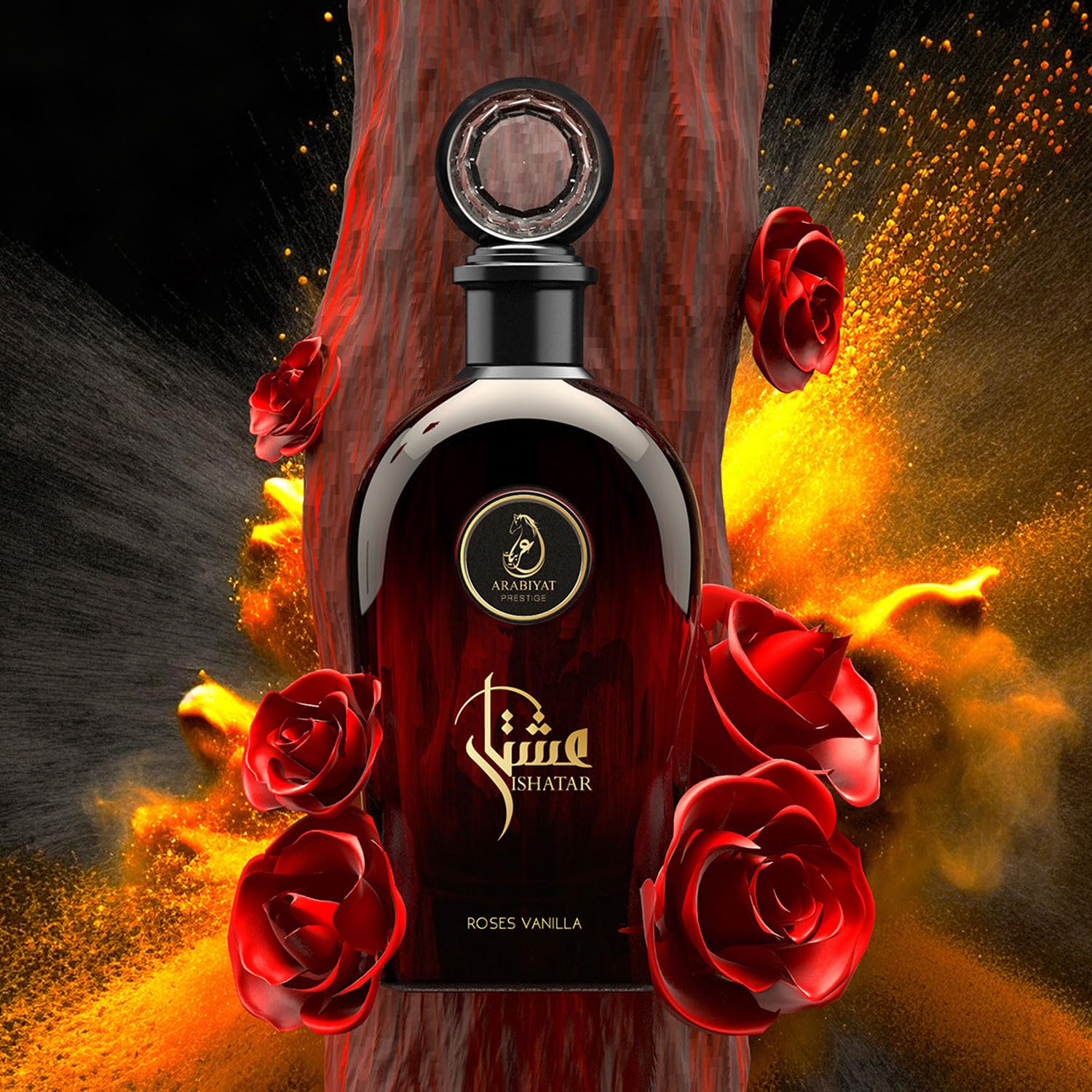 Arabiyat Prestige Ishatar Roses Vanilla Eau De Parfum 110ml bottle for men and women with elegant floral and vanilla scent.