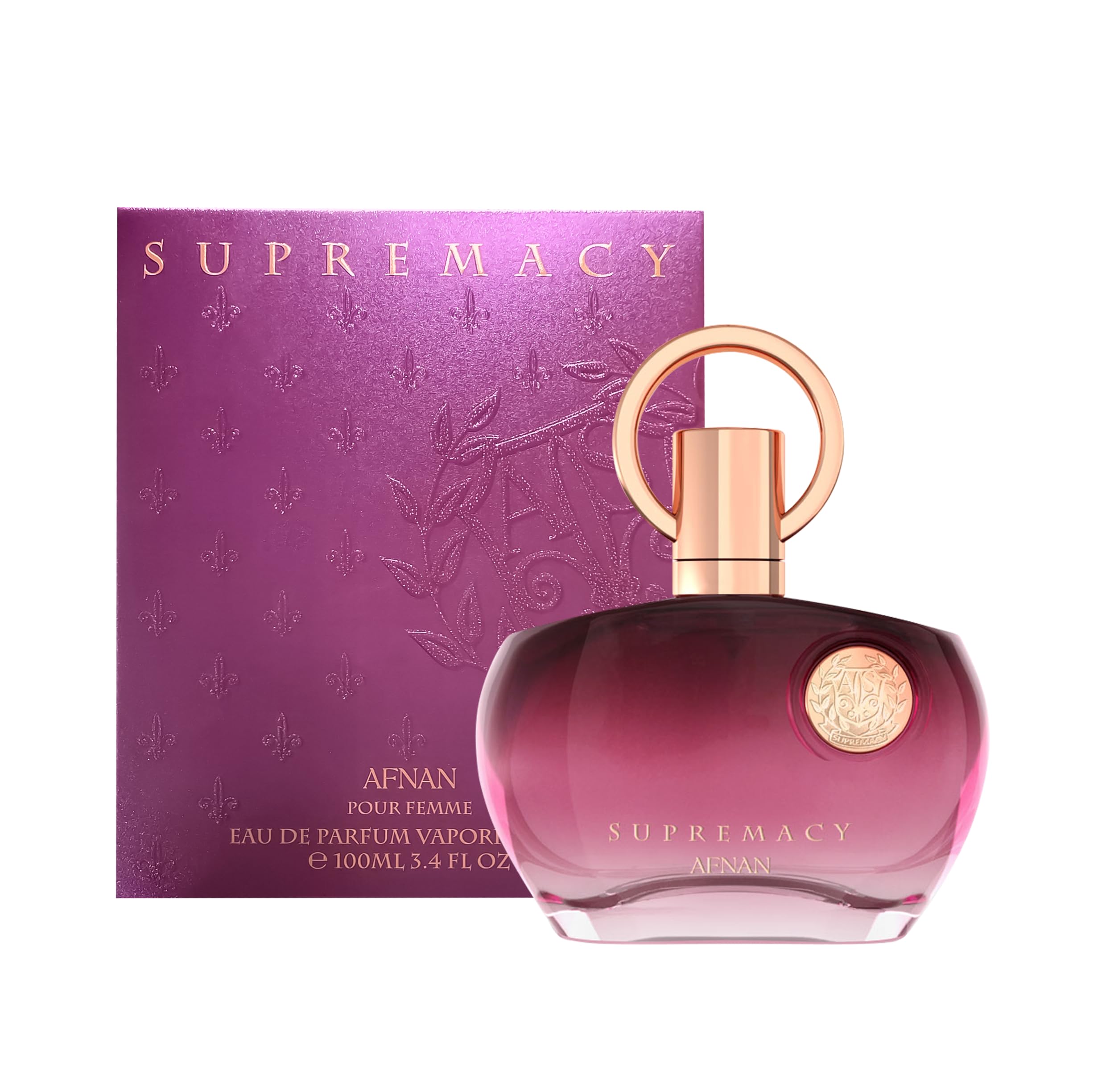 Afnan Supremacy Purple Pour Femme Eau de Parfum 100ml bottle, sleek design with purple accents, ideal for women.