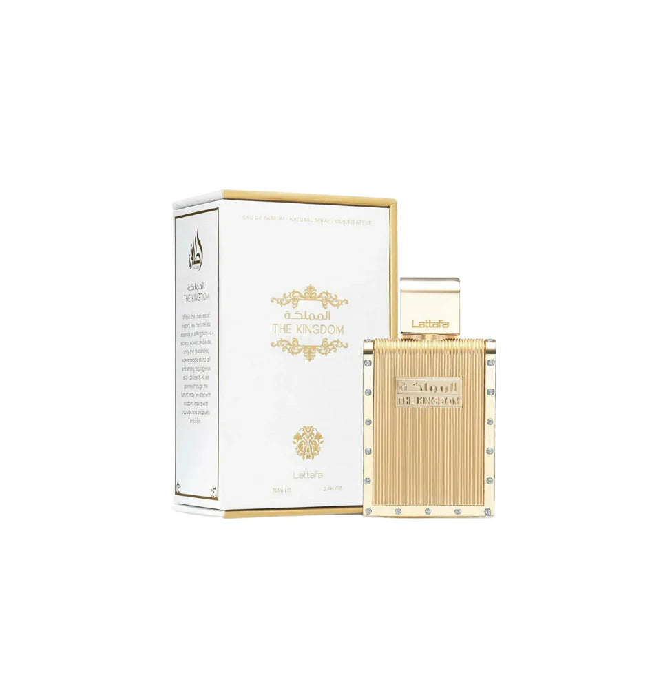Lattafa The Kingdom Pour Homme Eau De Parfum for men, 100ml bottle, sleek packaging with elegant design.