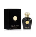 Lattafa Opulent Oud Eau De Parfum bottle for men and women, 100ml, with elegant glass design and gold accents.