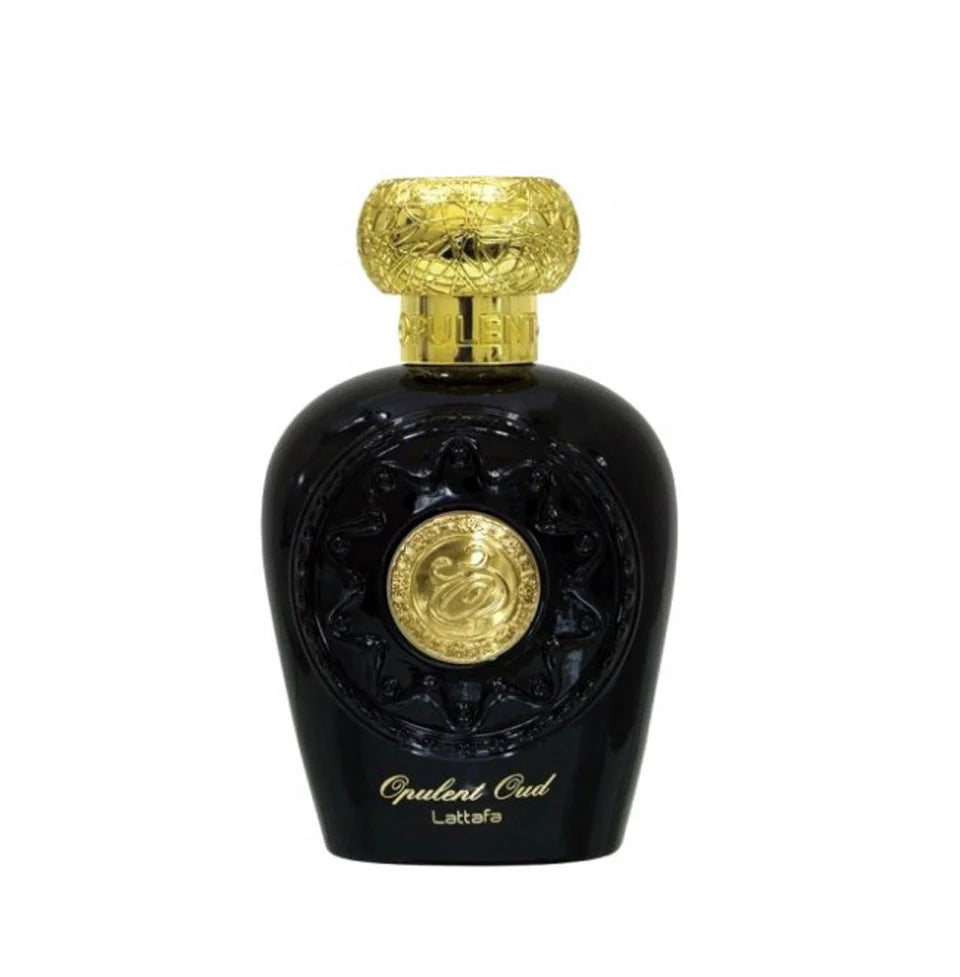 Lattafa Opulent Oud perfume bottle for men and women, 100ml, with elegant packaging and a luxurious fragrance presentation.
