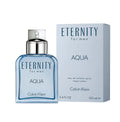 Calvin Klein Eternity Aqua men's Eau De Toilette bottle in 100ml with blue liquid, clear glass, and silver cap.