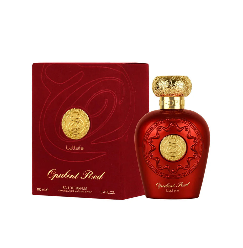 Lattafa Opulent Red perfume bottle for men and women, 100ml, elegant glass design with a red cap and luxurious branding.