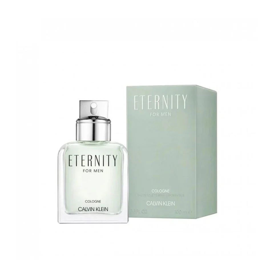Calvin Klein Eternity men's cologne bottle 100ml with sleek design and clear label, displayed on a neutral background.