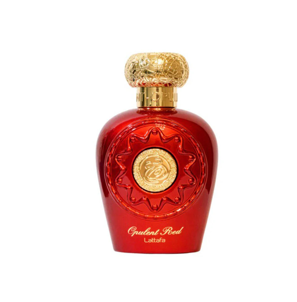 Lattafa Opulent Red Eau De Parfum 100ml for men and women, showcasing the elegant perfume bottle with red accents.