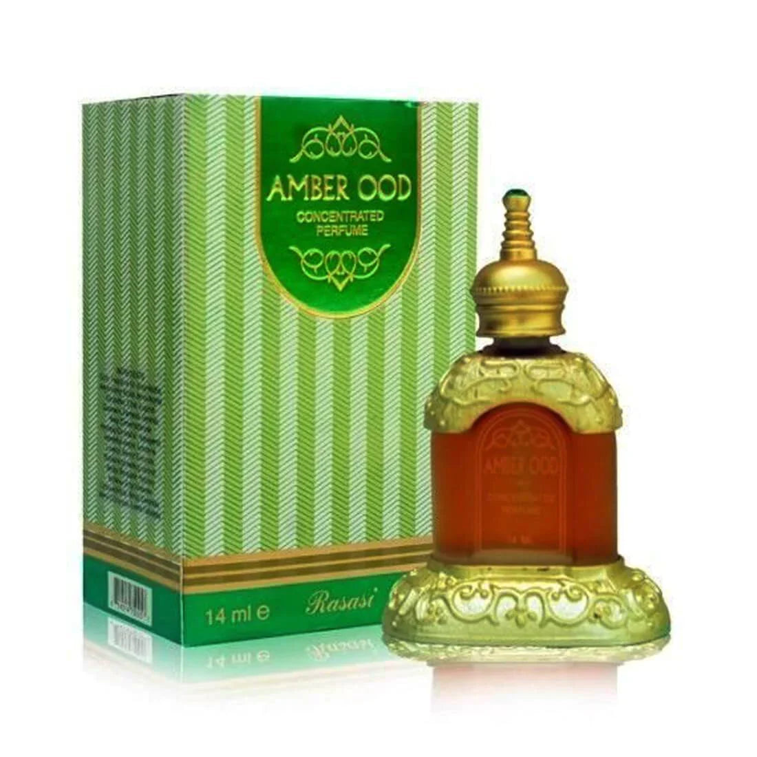 Rasasi Amber Ood perfume oil for men and women, 14ml, in a clear glass bottle with a silver cap, displayed on a white background.