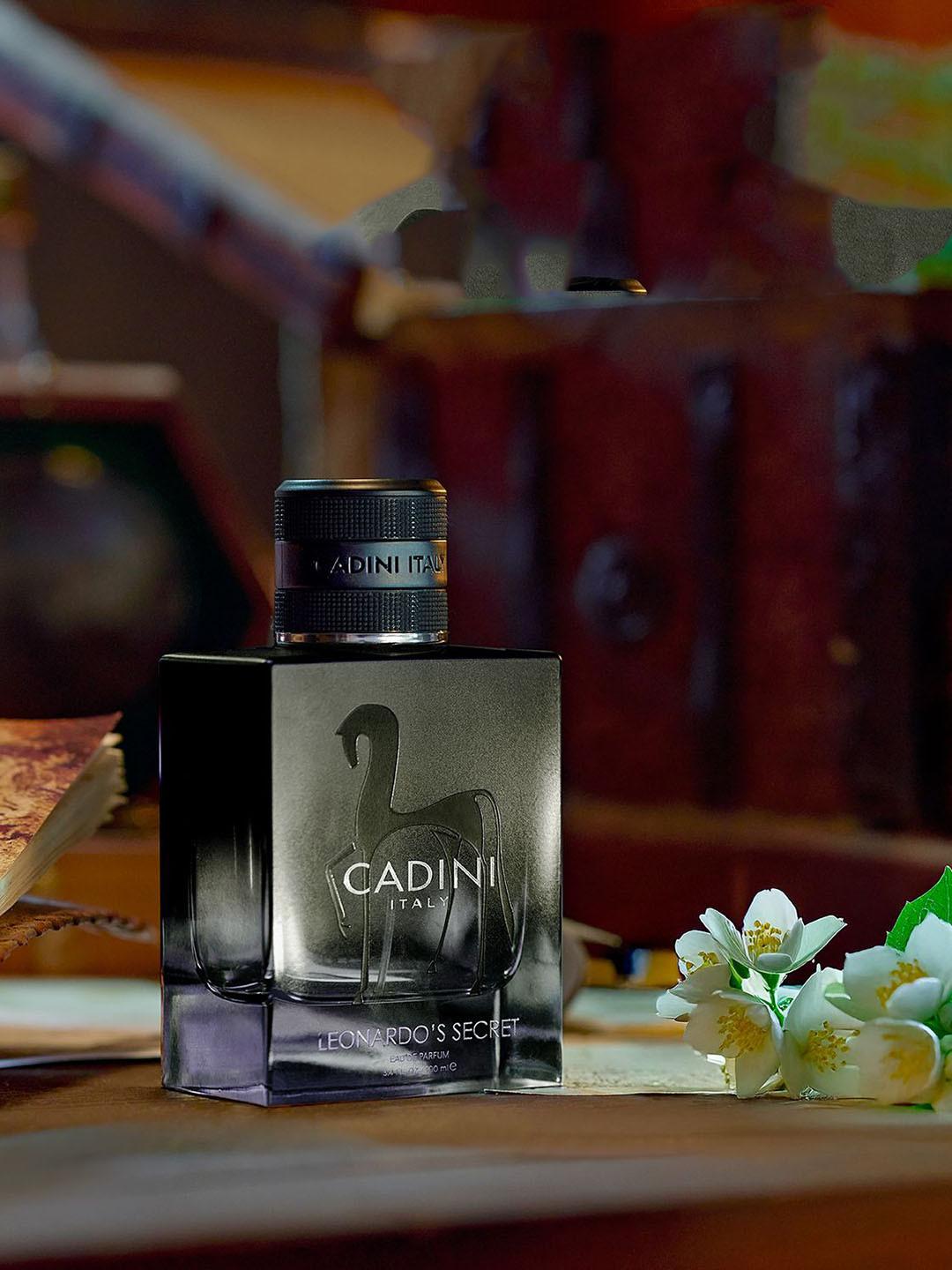 A 35ml bottle of Cadini Italy Leonardo's Secret Eau De Parfum with elegant packaging and a sleek glass design.