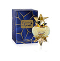 A 60ml bottle of AJMAL QASIDA EAU DE PARFUM FOR MEN & WOMEN with Arabic script, gold star-shaped cap and base is displayed next to a blue and gold geometric-patterned box featuring matching branding.