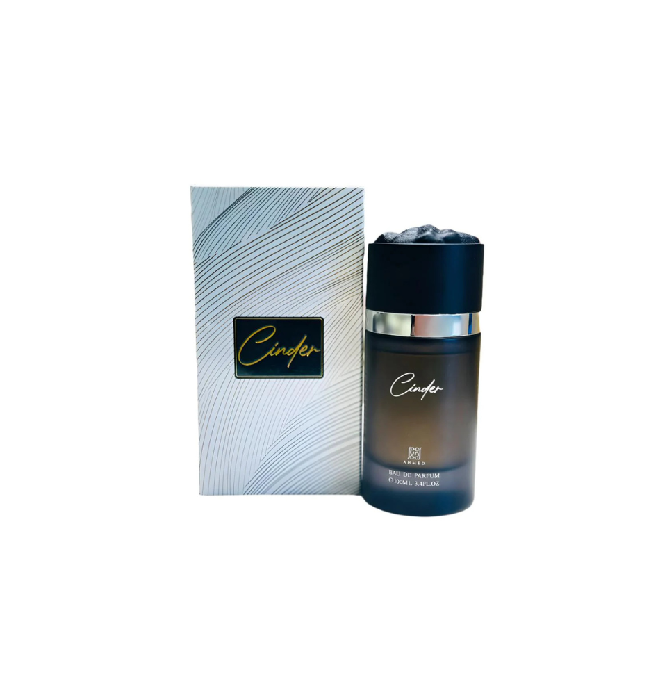 Ahmed Al Maghribi Cinder Eau de Parfum for Men, 100ml bottle with sleek design and dark-colored fragrance liquid.