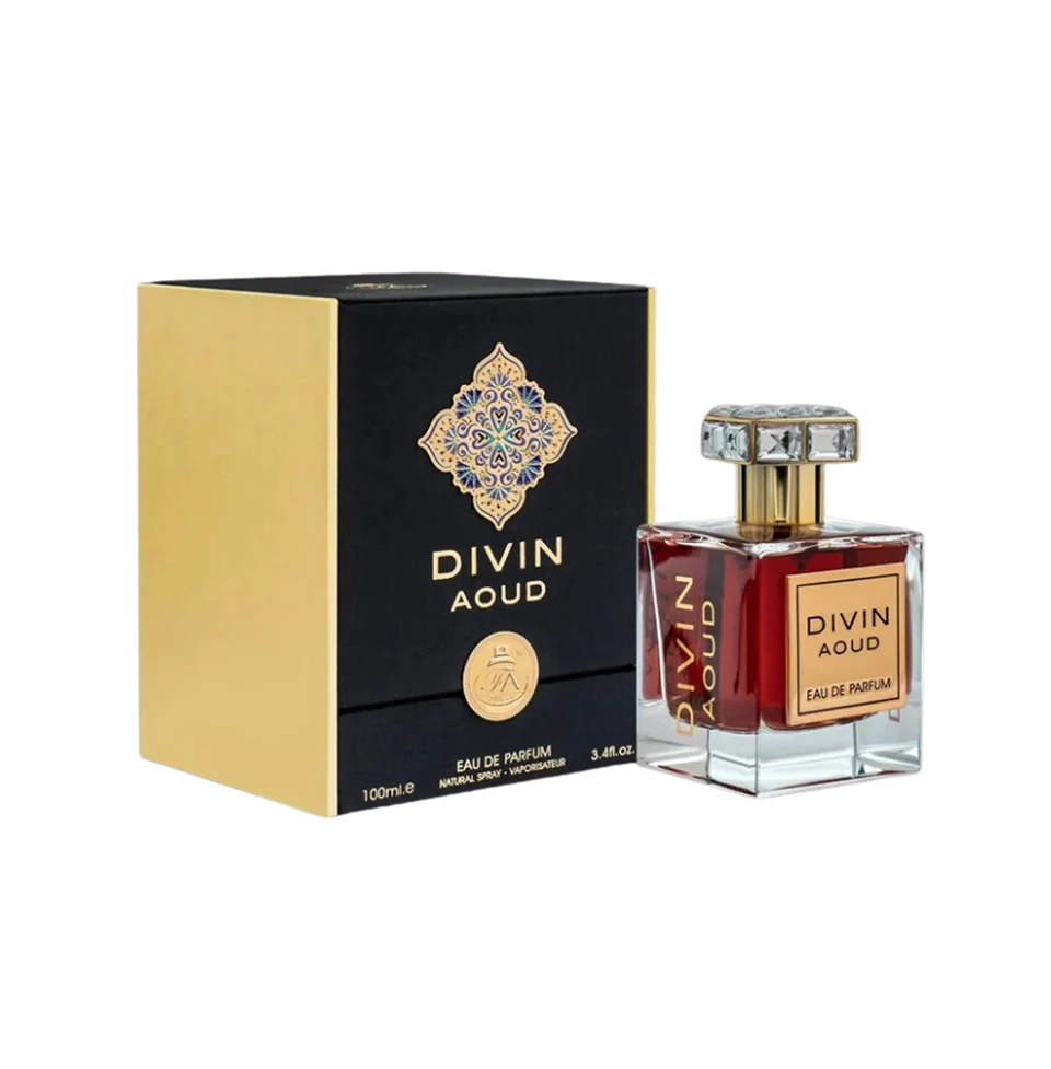 Fragrance World Divin Aoud Eau de Parfum for Men, 100ml bottle with elegant packaging and dark fragrance liquid.