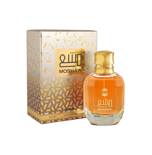 Ajmal Mosha'a Eau De Parfum for Men and Women, elegant bottle with floral and woody fragrance notes, stylish design.