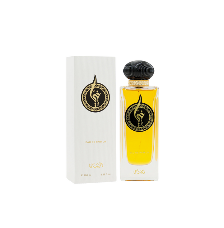 Rasasi Dayy Eau De Parfum 100ml bottle for men and women, sleek glass container with silver cap and elegant fragrance label.