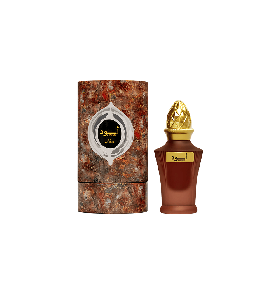 Ahmed Al Maghribi Aswad concentrated perfume oil (attar) 10ml for men and women, featuring a dark amber-colored bottle with a sleek design.