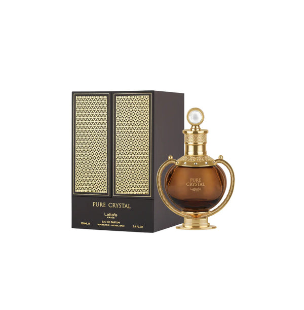 Lattafa Pride Pure Crystal Eau De Parfum 100ml for men and women, featuring a sleek bottle with a clear fragrance liquid.