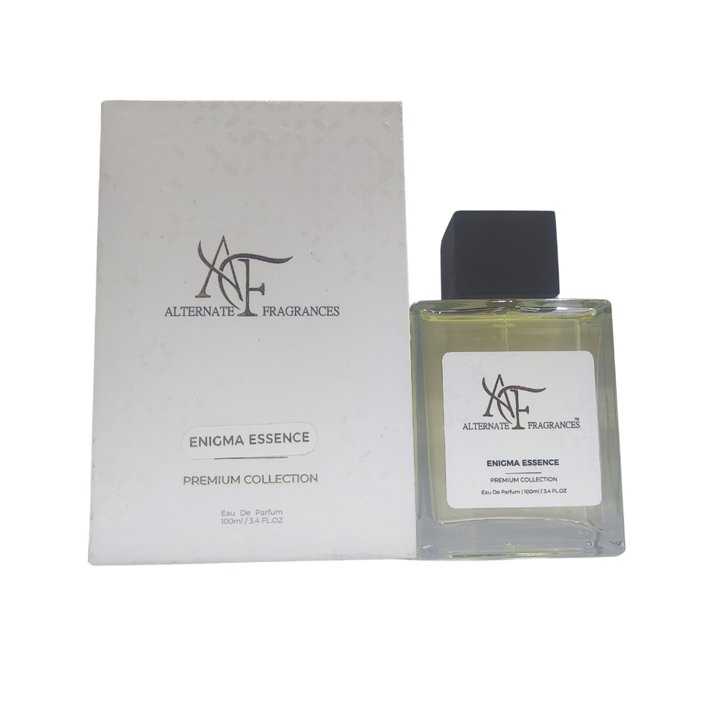 Rini Deals Enigma Essence Eau de Parfum bottle with elegant design and floral fragrance notes, shown in the image.