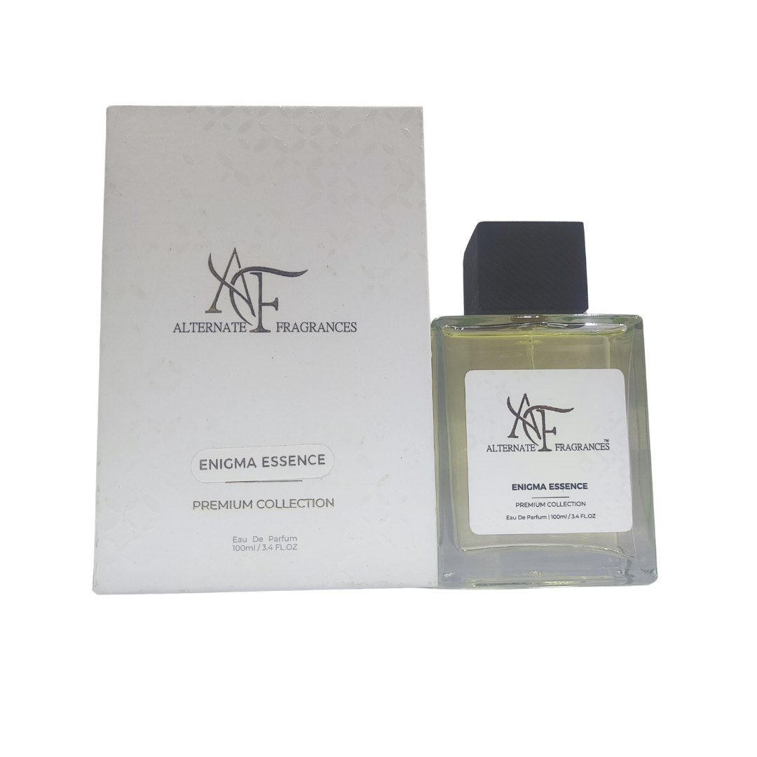 Rini Deals Enigma Essence Eau de Parfum bottle with elegant design and floral fragrance notes, shown in the image.