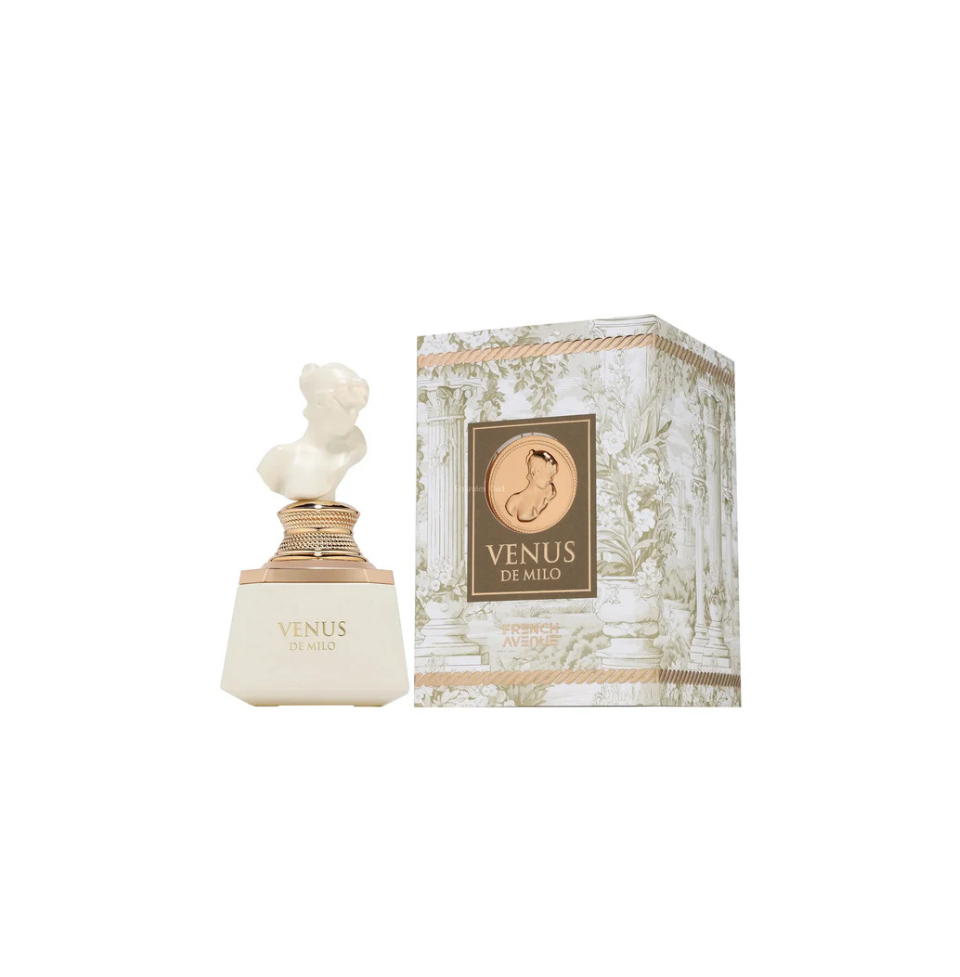 Fragrance World Venus de Milo Eau de Parfum 100ml bottle for men and women, elegant glass container with a sleek design.
