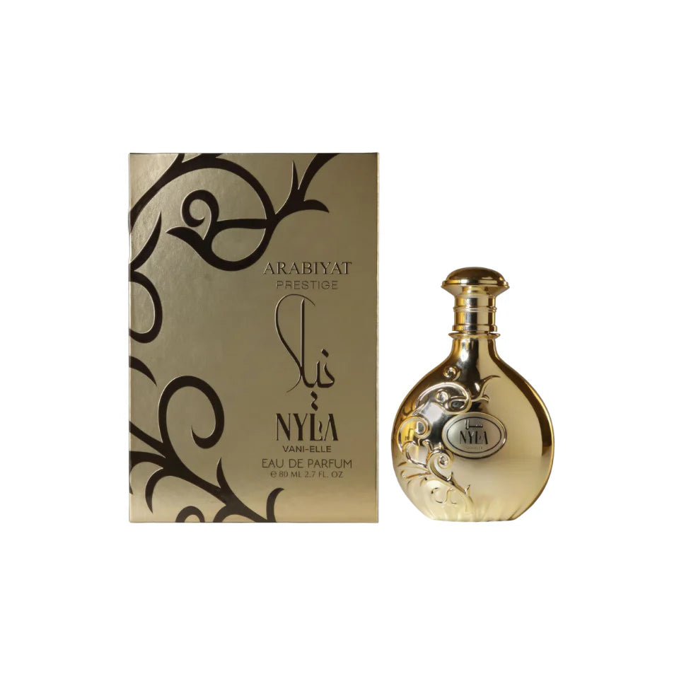 Arabiyat Prestige Nyla Vani-elle Eau De Parfum bottle by Rini Deals, 80ml, sleek glass design for men and women.
