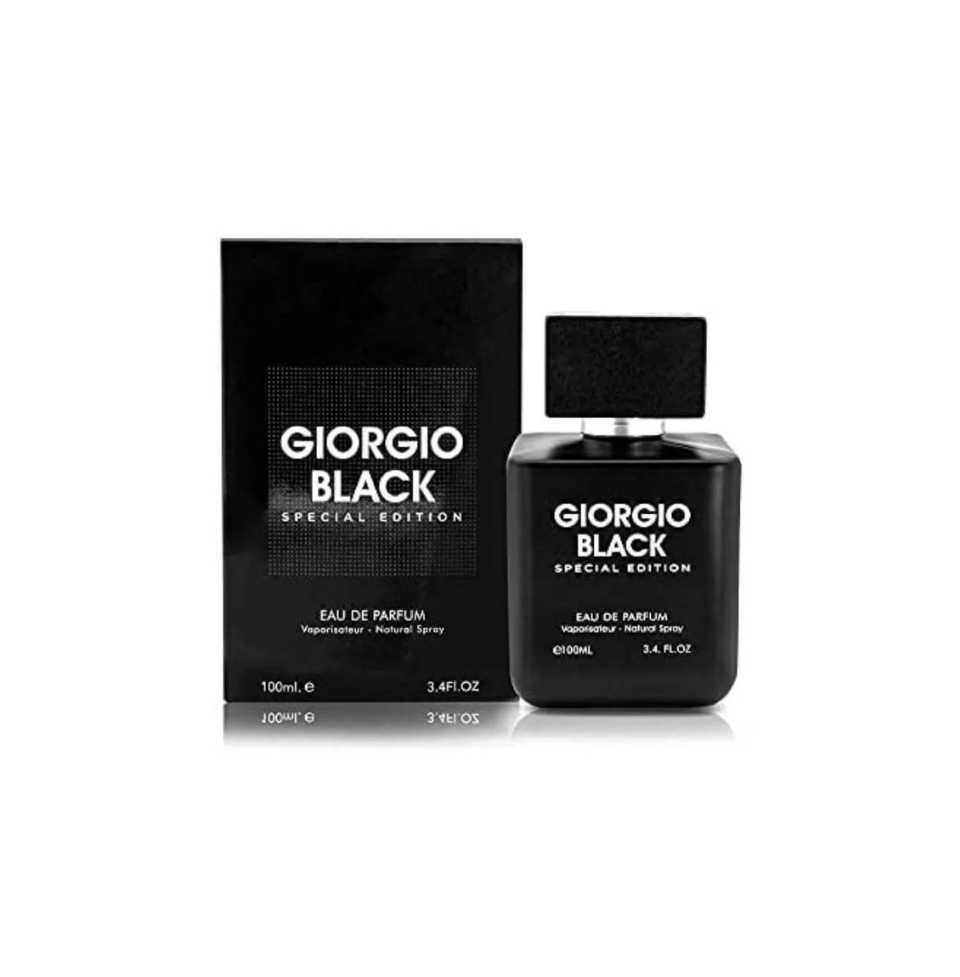 Fragrance World Giorgio Black Special Edition Eau de Parfum 100ml bottle for men and women, sleek black packaging and stylish design