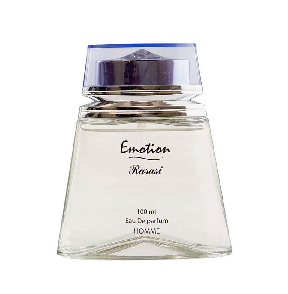 Rasasi Emotion Pour Homme Eau De Parfum 100ml bottle for men, with sleek design and clear fragrance label visible.