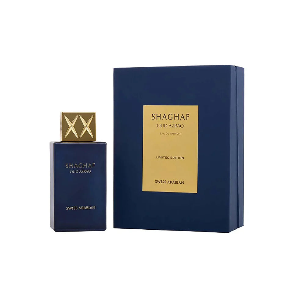 Swiss Arabian Shaghaf Oud Azraq Eau De Parfum bottle with elegant design, 75ml size, for men and women.