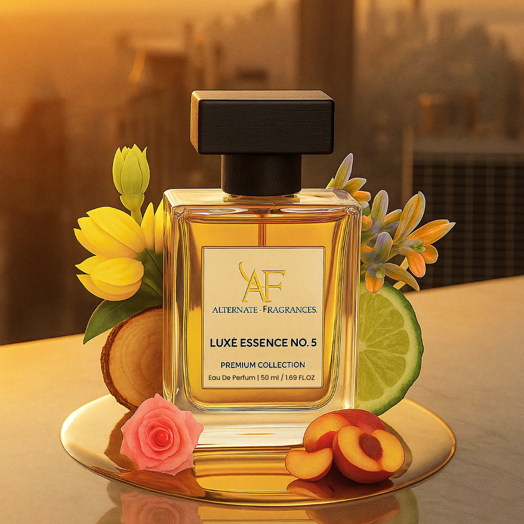 Elegant image of Luxe Essence No. 5 EDP perfume bottle by Rini Deals with a sleek, minimalist design.