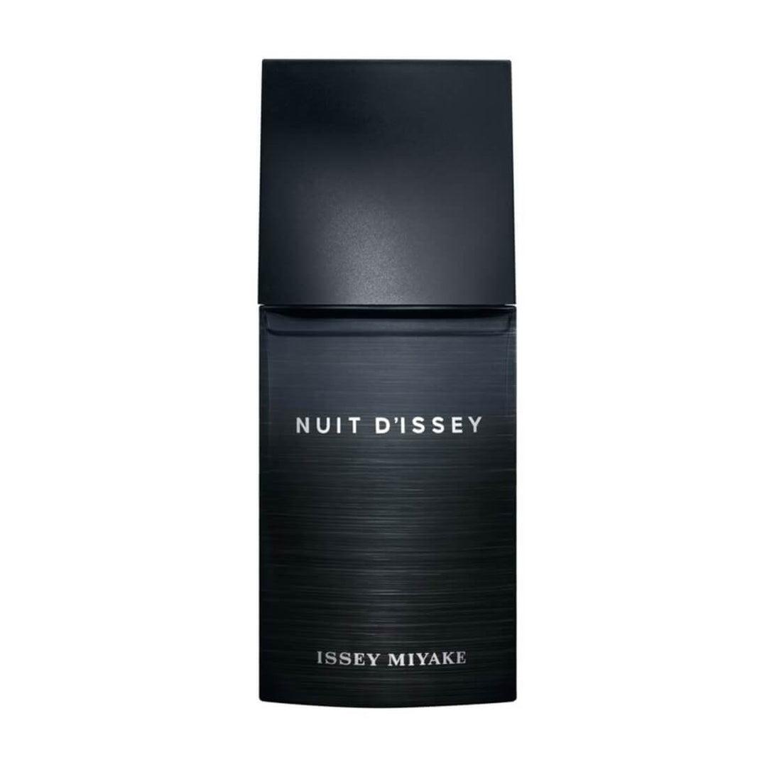 Issey Miyake Nuit D Issey men's perfume bottle with dark glass and silver cap, elegant packaging for men's fragrance.