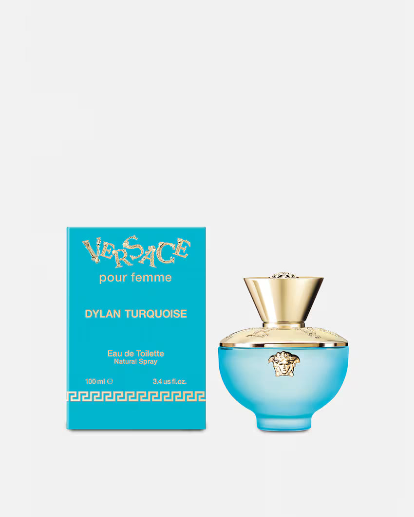 Versace Dylan Turquoise Eau De Toilette 100ml for women, showcasing the turquoise bottle and elegant packaging.