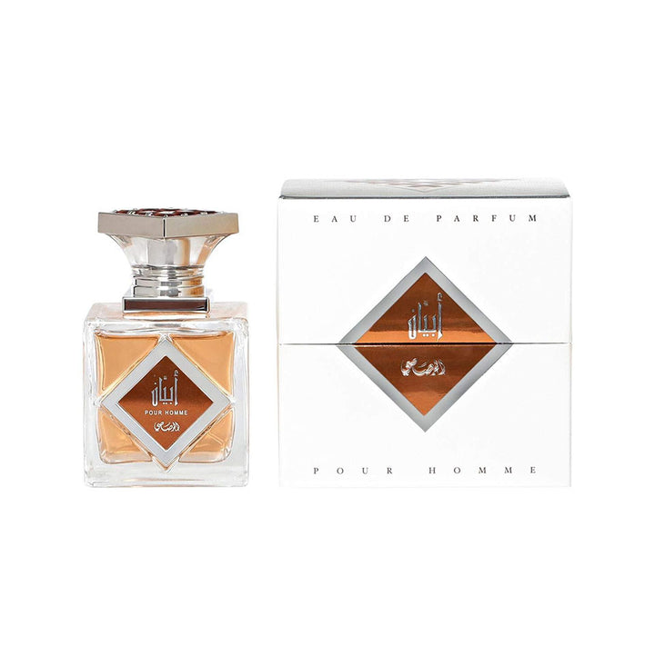 Rasasi Abyan Pour Homme EDP perfume bottle for men, 95 ml, with elegant packaging and fragrance details visible.