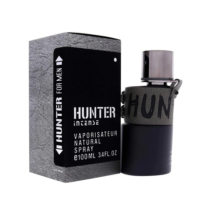 Armaf Hunter Intense Eau De Parfum for men, 100 ml bottle, featuring a sleek design with dark, masculine fragrance visuals.