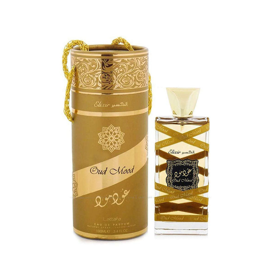 Lattafa Oud Mood Elixir Eau de Parfum 100ml bottle for men and women, featuring a sleek glass design with a silver cap.