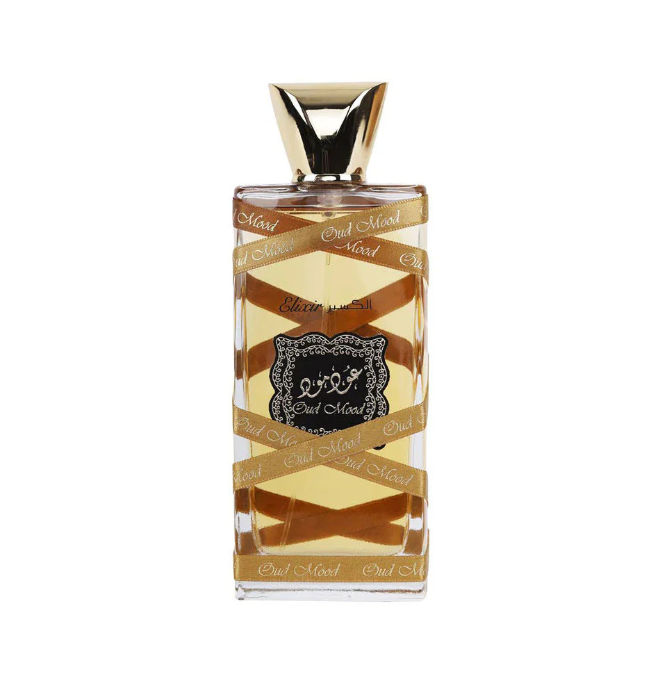 Lattafa Oud Mood Elixir Eau De Parfum 100ml bottle for men and women, featuring elegant packaging and a luxurious fragrance.