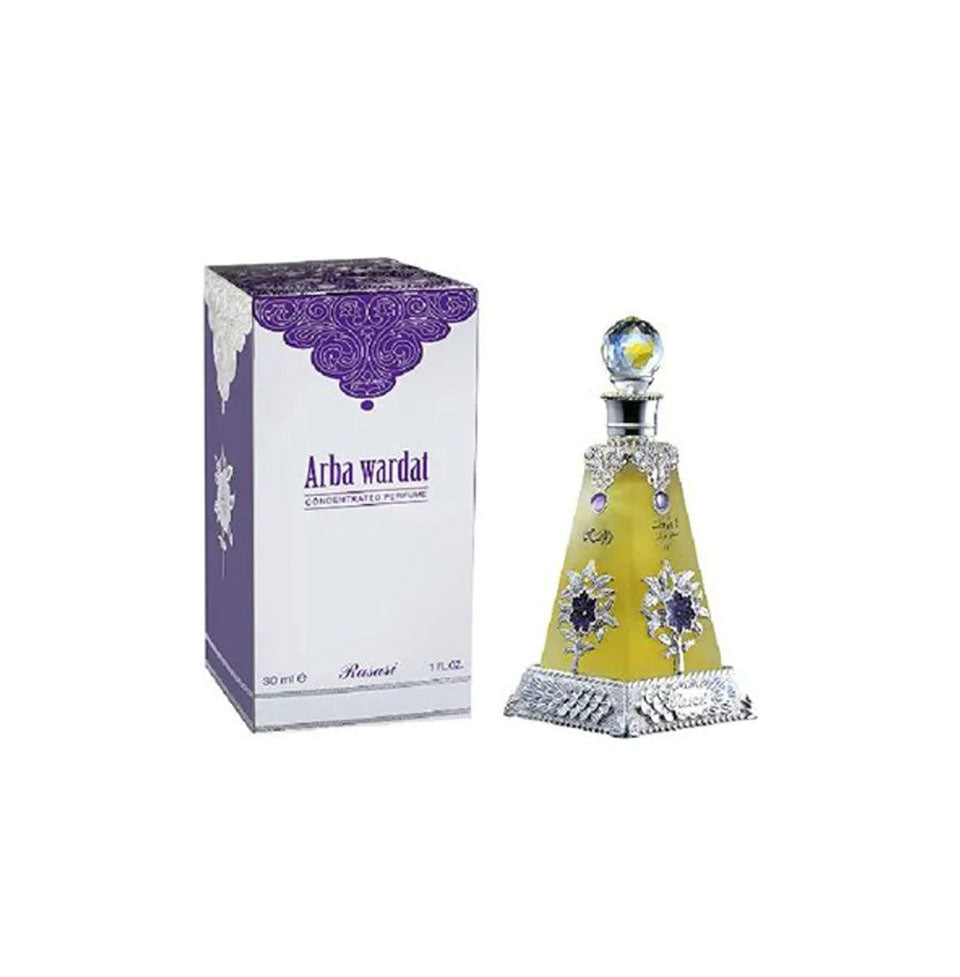 Rasasi Arba Wardat concentrated perfume oil for men and women in a 30 ml bottle with a sleek design.