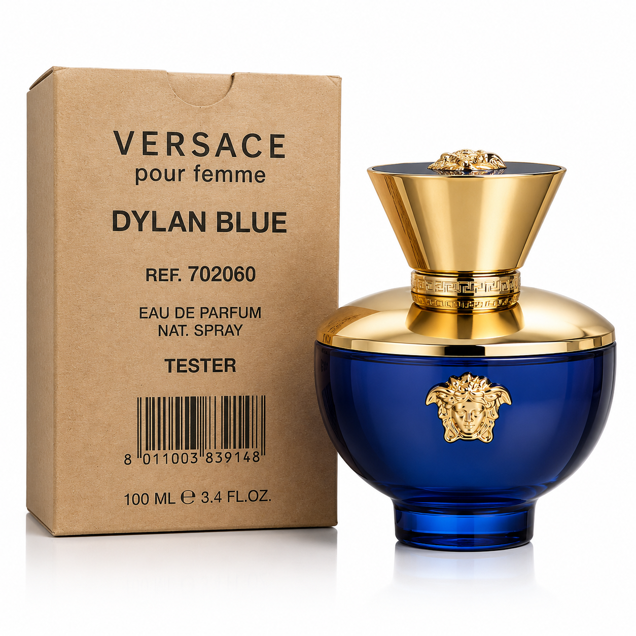 Versace Dylan Blue Pour Femme Eau De Parfum tester bottle in 100ml with floral and fruity fragrance notes.