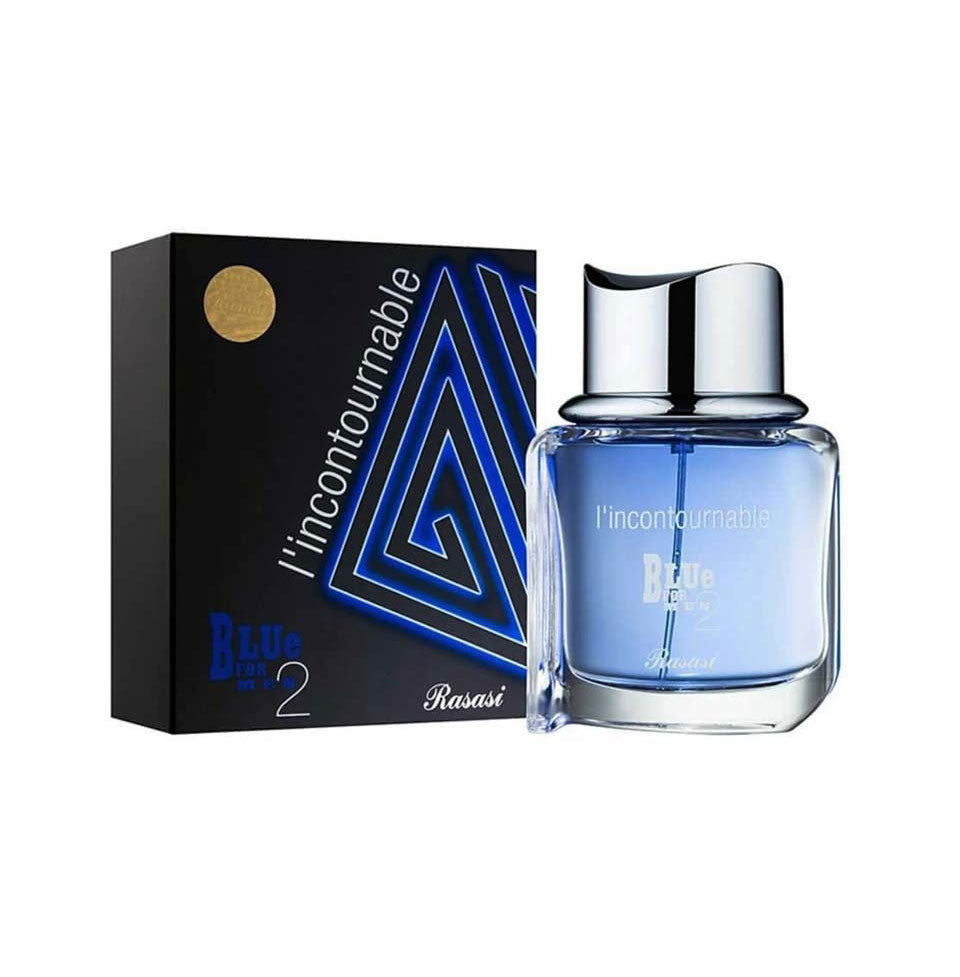 Rasasi Blue For Men L'Incontournable perfume bottle, 75ml, sleek design with blue accents, ideal for men's fragrance collection
