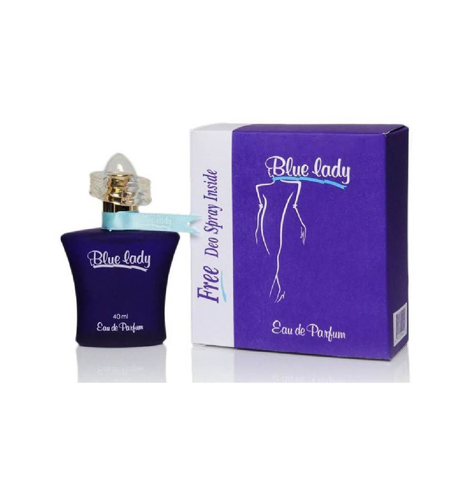 Rasasi Blue Lady perfume EDP 40ml and 50ml deodorant set with blue and white packaging and floral design.