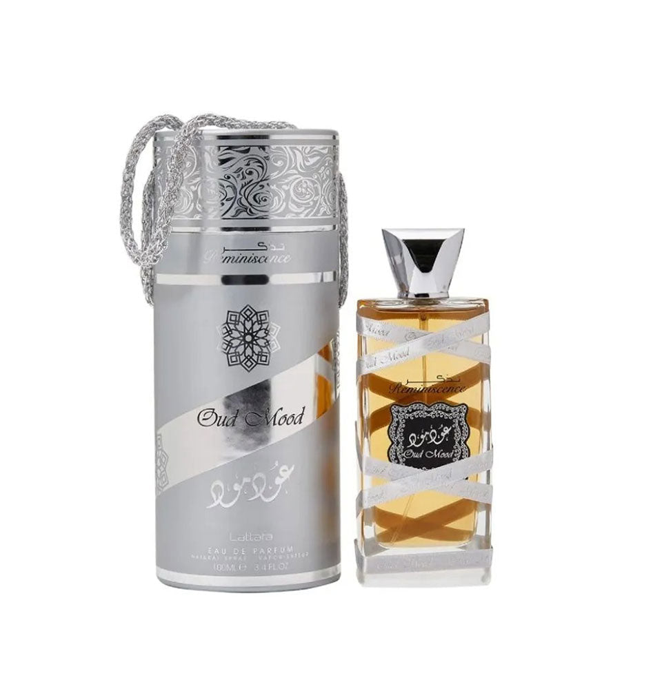 Lattafa Oud Mood Silver Reminiscence Eau de Parfum 100ml bottle for men and women, featuring a sleek silver design.