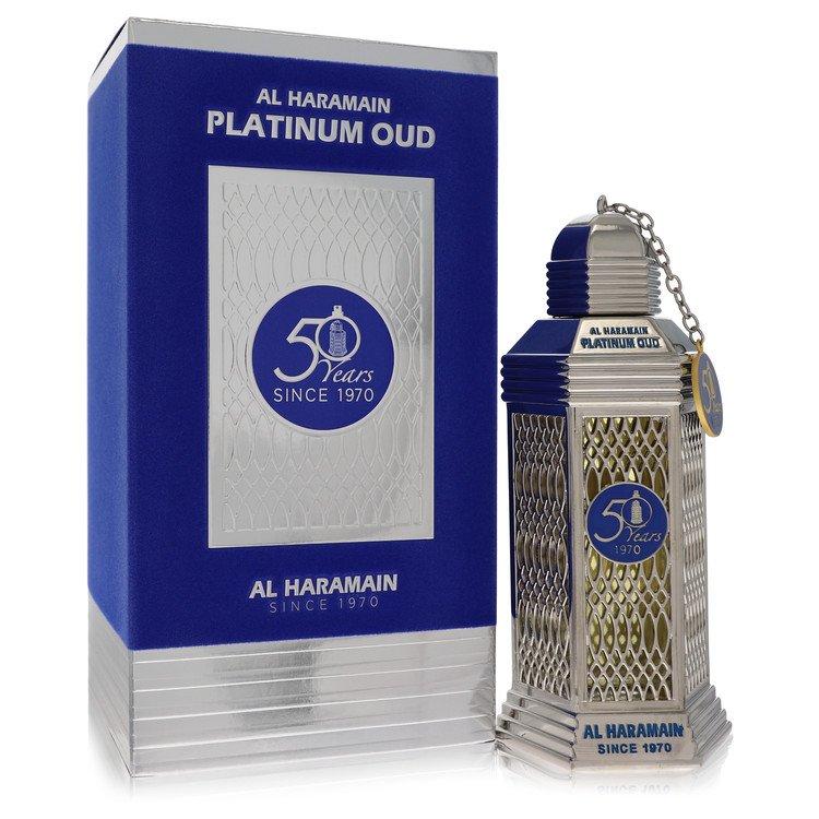 Al Haramain Platinum Oud Eau de Parfum bottle with silver cap and elegant label, displayed on a neutral background.