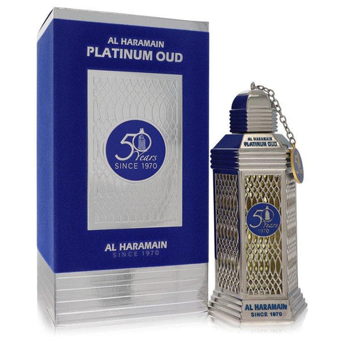 Al Haramain Platinum Oud Eau de Parfum bottle with silver cap and elegant label, displayed on a neutral background.