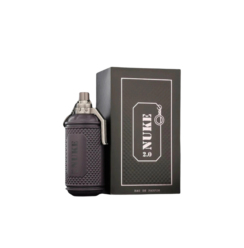 Fragrance World Nuke 2.0 Eau de Parfum for Men, 100ml bottle with sleek black and silver packaging.
