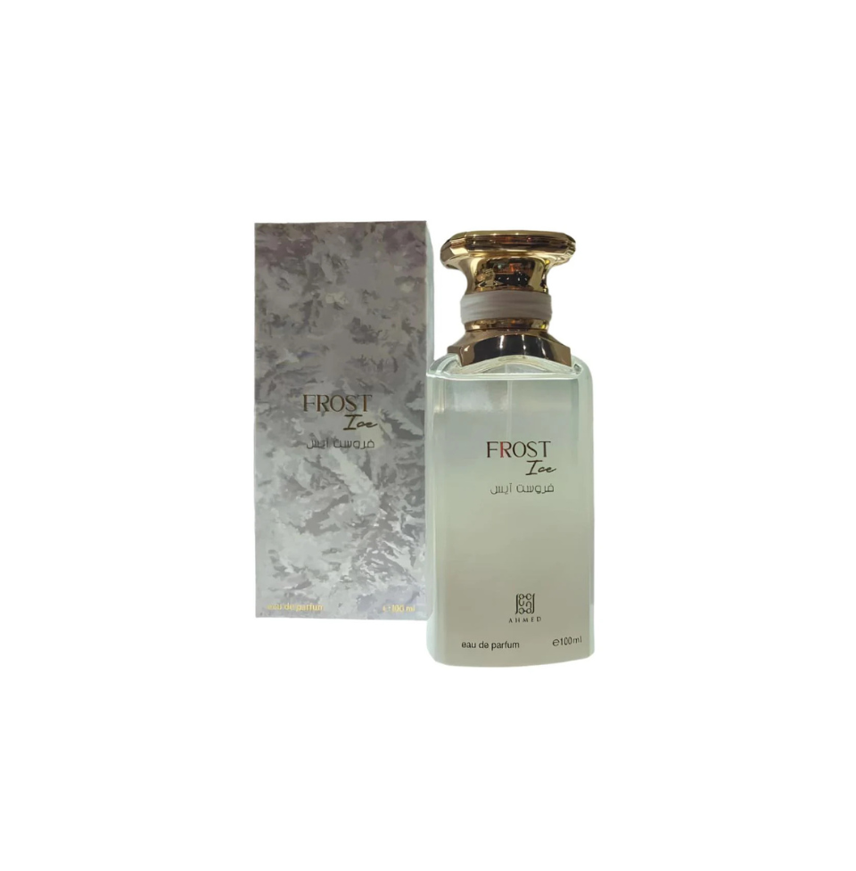 Ahmed Al Maghribi Frost Ice Eau de Parfum for men, 100ml bottle with sleek design and modern branding.