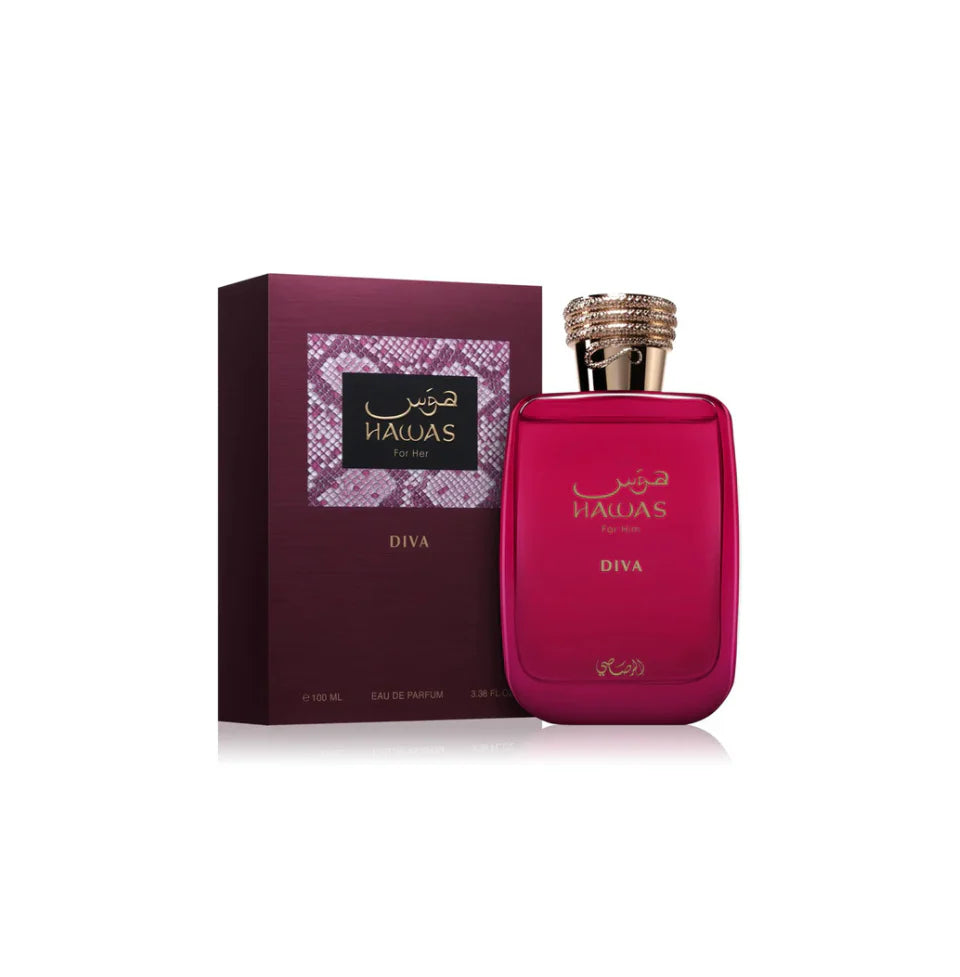 Rasasi Hawas Diva Eau de Parfum 100ml for women, elegant fragrance bottle with floral and fruity notes.
