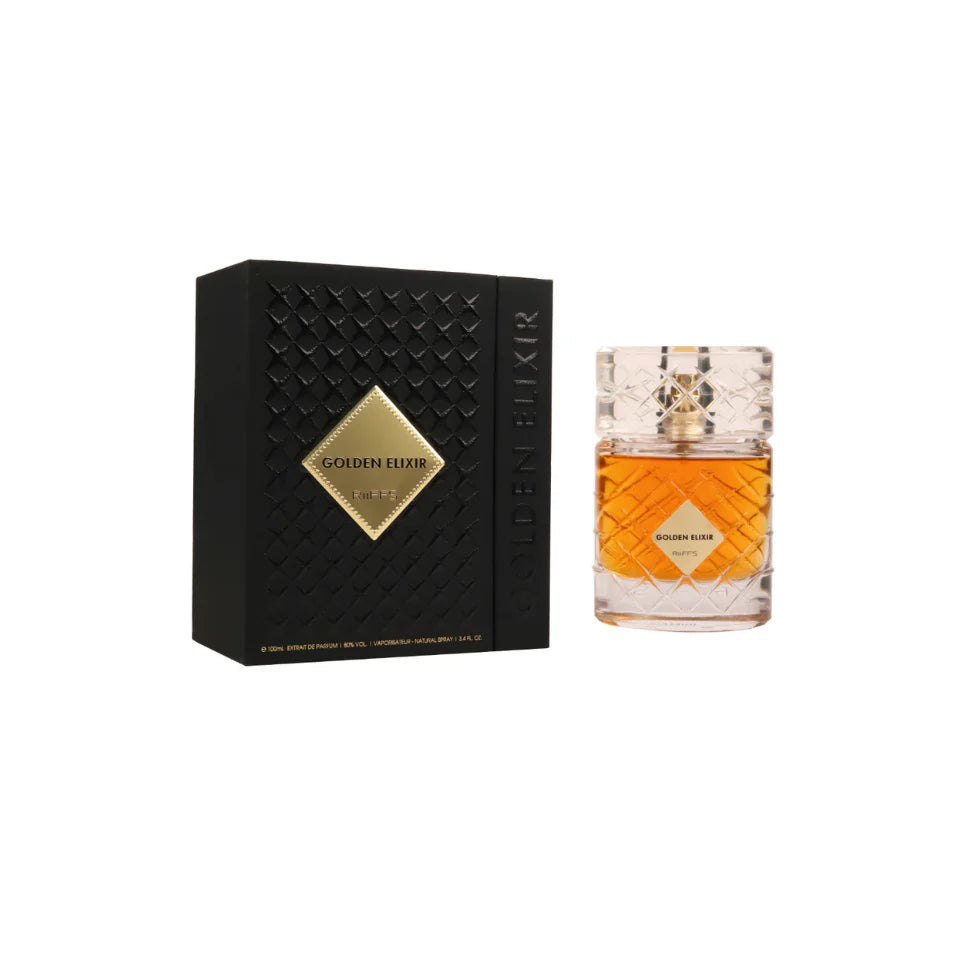Riiffs Golden Elixir Eau De Parfum bottle for men and women, 100ml, with elegant gold accents and sleek glass design.