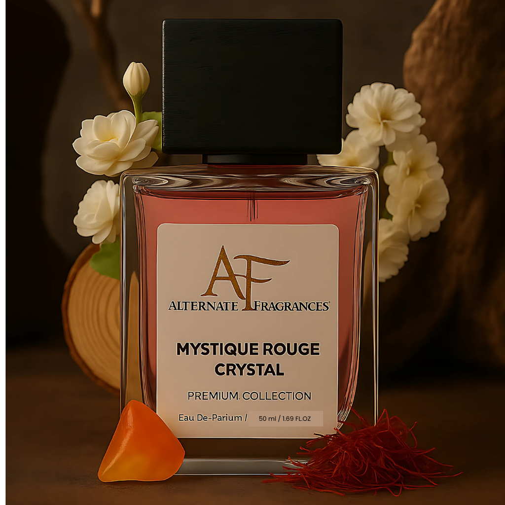 Mystique Rouge Crystal EDP perfume bottle with a sleek design and red accents, by Rini Deals.