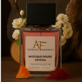 Mystique Rouge Crystal EDP perfume bottle with a sleek design and red accents, by Rini Deals.