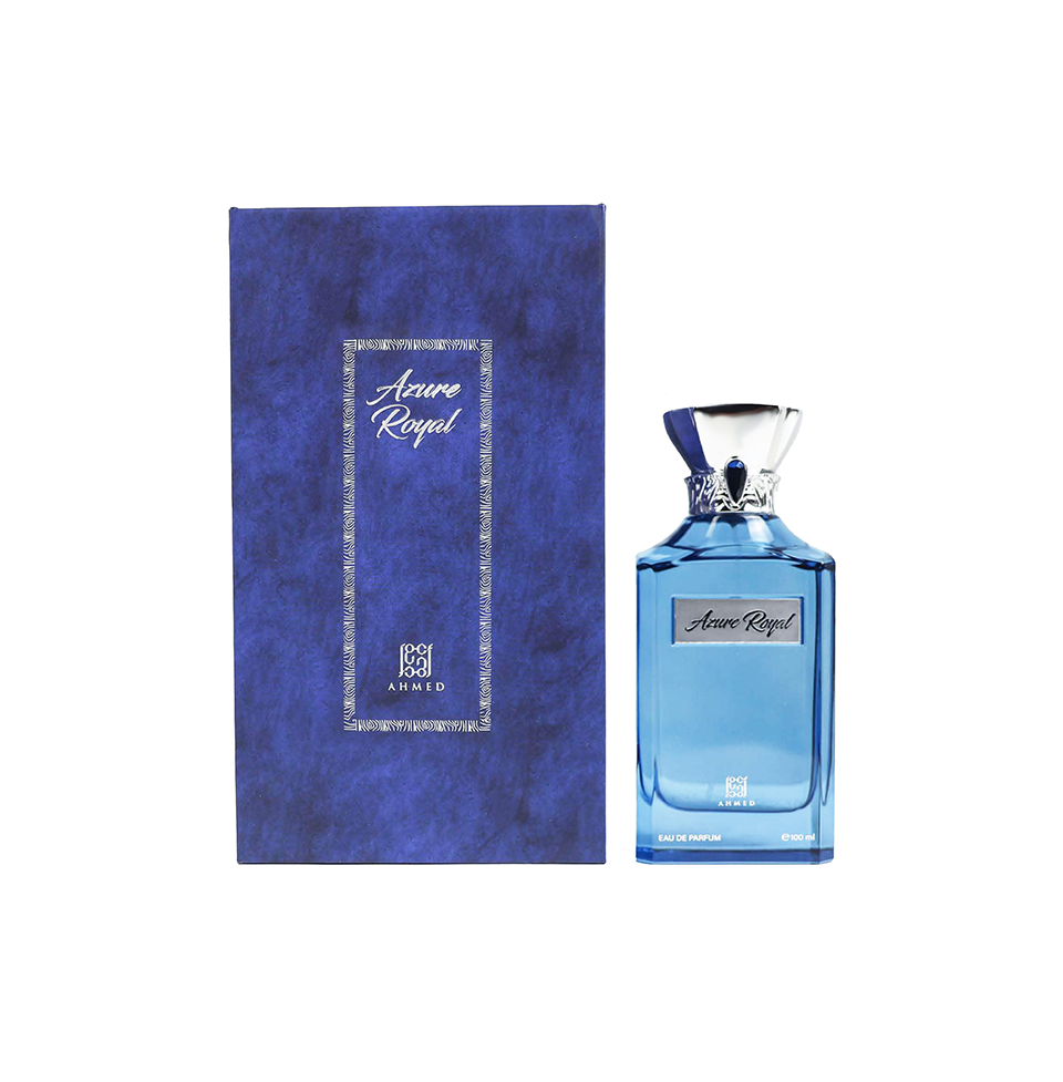 Ahmed Al Maghribi Azure Royal Eau de Parfum 100ml bottle for men and women, sleek design with blue accents.