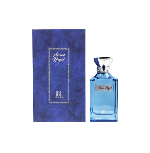 Ahmed Al Maghribi Azure Royal Eau de Parfum 100ml bottle for men and women, sleek design with blue accents.
